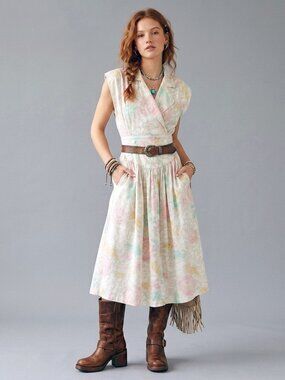 S Vintage 1980s Pea Patch White Pastel Pink Floral Airy Summer Pockets Dress 80s